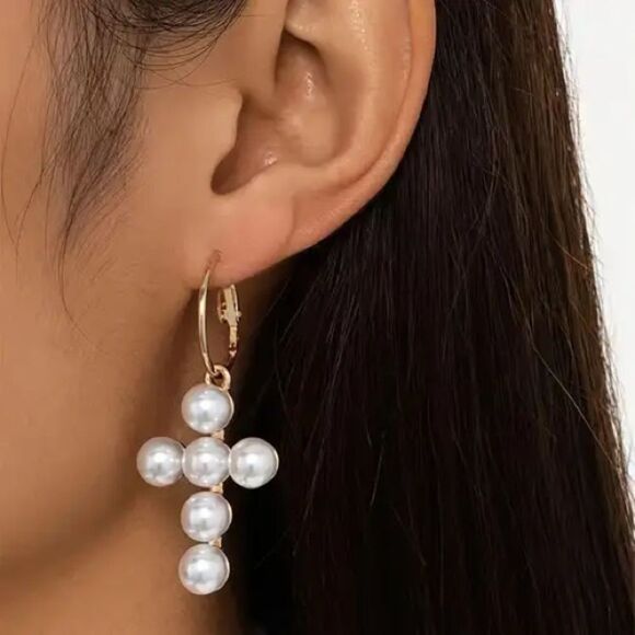 Pearl cross earrings M1019 - Picture 1 of 4
